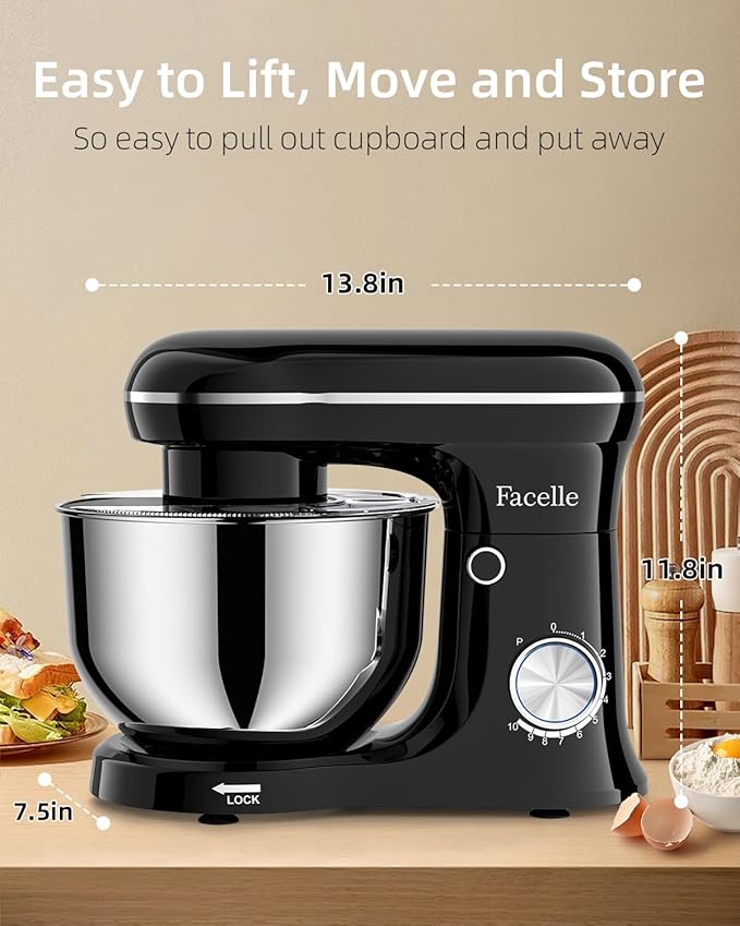 Facelle Tilt-Head Stand Mixer, 5QT+6QT Stainless Steel Two Bowls, 10 Speeds Kitchen Electric Food Mixer with Egg Whisk, Dough Hook, Beater, Dishwasher-Safe Attachment, Ideal Gift for Mom