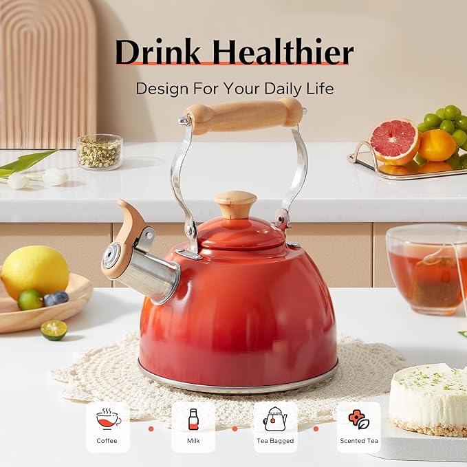 ROCKURWOK Tea Kettle, Tea Pot with Cool Touch Ergonomic Handle, Teapot Food Grade Stainless Steel, Tea Kettle Stovetop, Kettle Teapot, Whistling Tea Kettle, Small Tea Pot, 1.6 Quart (Red)