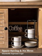 Gomakren 2.5 Ounce Espresso Cups Set of 4, Small Stackable Coffee Cups with Saucers and Metal Stand, Halloween Porcelain Demitasse Cups for Specialty Coffee Drinks, Espresso, Cappuccino, Latte, White