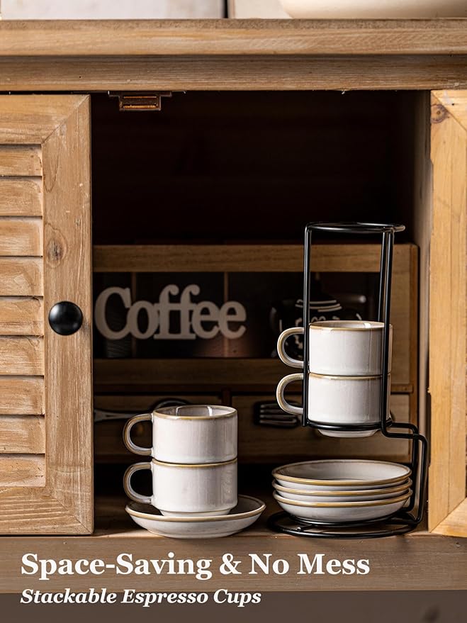 Gomakren 2.5 Ounce Espresso Cups Set of 4, Small Stackable Coffee Cups with Saucers and Metal Stand, Halloween Porcelain Demitasse Cups for Specialty Coffee Drinks, Espresso, Cappuccino, Latte, White