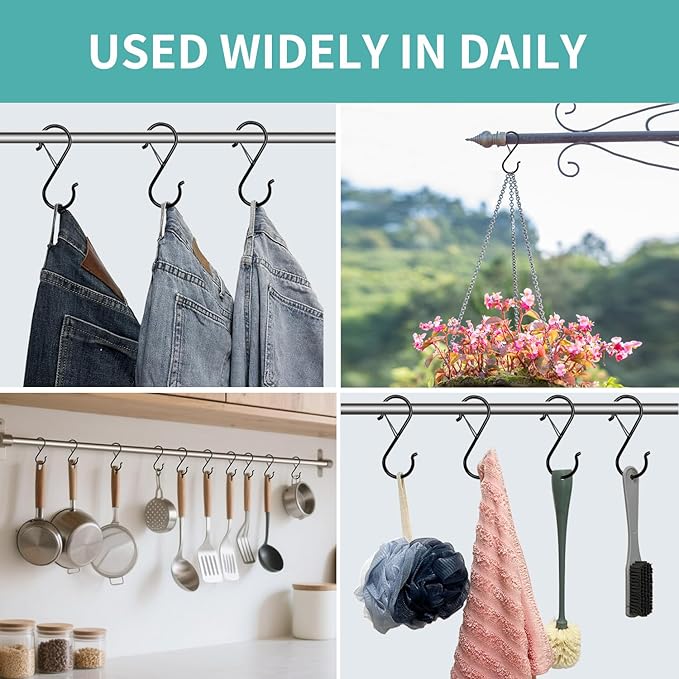9 Pcs S Hooks for Hanging, 3.5 inch Heavy Duty S Hook of Metal for Clothes Rails, Closet Hooks with 0.5-inch Safety Buckle, S Hook for Hanging Plants, Kitchen Utensil, Pots, Pans, Bags