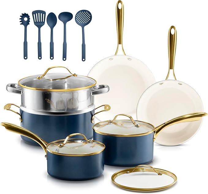 Gotham Steel 15 Pc Ceramic Cookware Set Nonstick, Ceramic Pots and Pans Set Non Stick with Steamer & Cooking Utensils, Non Toxic PFOA PFOS Free, Premium Stay Cool Handles, Oven & Dishwasher Safe