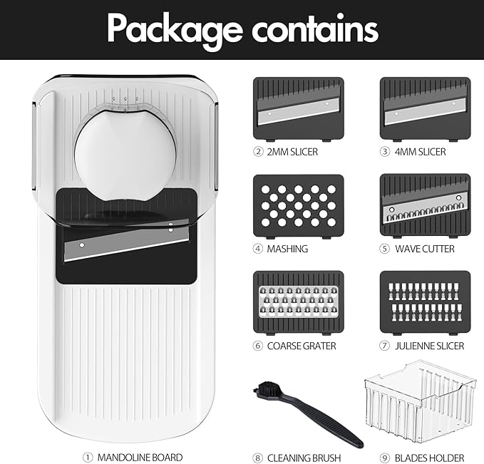 Cambom Mandoline Slicer Vegetable Slicer With 2 L Container for Potatoes, Tomatoes, Cucumbers, Carrots With 10 Blades White