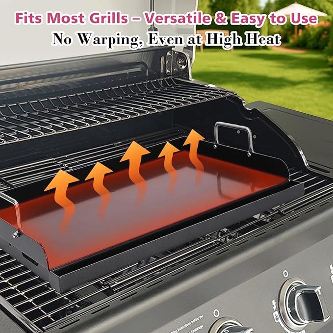 Universal 25" x 16" Nano-Ceramic Nonstick Coating Grill Griddle for Gas Grill, Cast Iron Griddle for Charcoal, Gas Grills, Camping, Flat Top Plate Insert with Grease Groove and Removable Handles