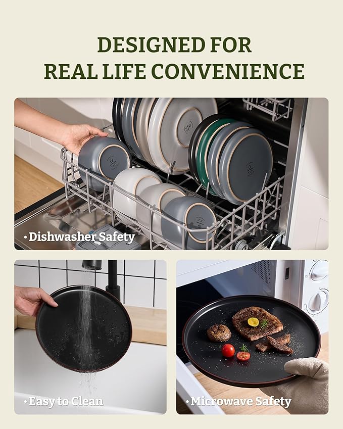 Famiware Mercury Dinnerware Sets with Mugs, Service for 4 (16 Pieces), Plates and Bowls Sets, Microwave and Dishwasher Safe Dishes Set, Matte Black