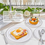 WDF 120PCS Plastic Christmas Plates White Silver Rim - Disposable Plates including 60PCS for Dinner 10.25inch, 60 Salad/Dessert Plates 7.5inch Heavy Duty Wedding