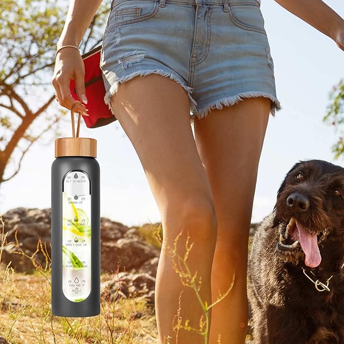 Aqulea Glass Water Bottles with Silicone Sleeve - BPA Free Reusable Wide Mouth Glass Motivational Water Bottles with Fruit Infuser – Leak Proof Borosilicate Water Bottle with Time Marker