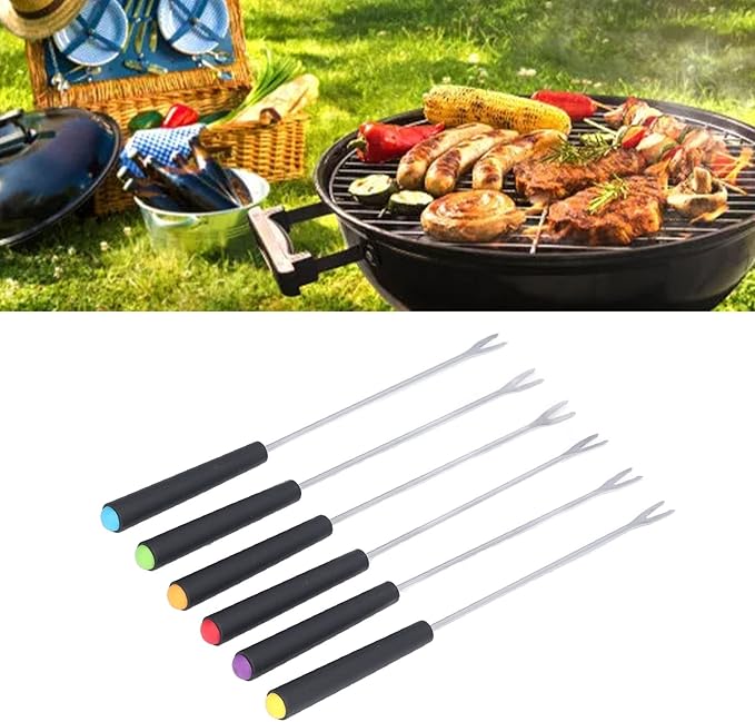 6PCS Stainless Steel Fondue Forks, Fondue Sticks, Smore Sticks with Heatproof Handle for Chocolate Fountain Cheese Roast Marshmallows Dessert Fruits