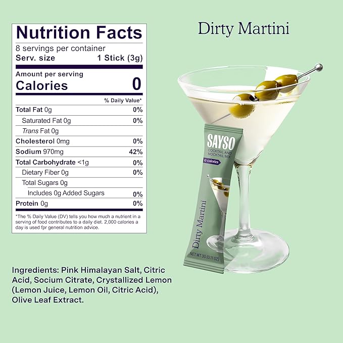 SAYSO Dirty Martini Cocktail Sticks | Craft Cocktail or Mocktail in 1 Min, Just Add Water + Spirits (0g Sugar, 0 Calories, Vegan, Gluten-Free, Kosher, Non-GMO), 8 Single-Serve Mixers