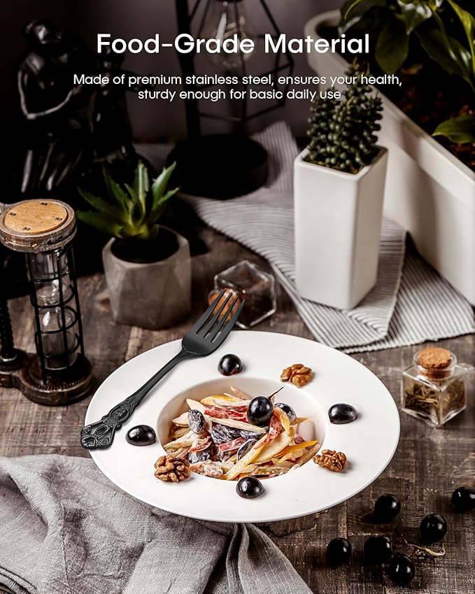 Black Silverware Set For 8, Ollex 48 PCS Retro Royal Silverware Flatware Set with Black Spoons Forks Knives Set, Mirror Polished Stainless Steel vintage Utensils Set, Dishwasher Safe