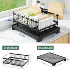 Dish Drying Rack, Drying Rack with Automatic Drainboard, Dish Racks for Kitchen Counter, Rustproof Dish Drainer with Removable Utensil Holder, Cups Holder,Black