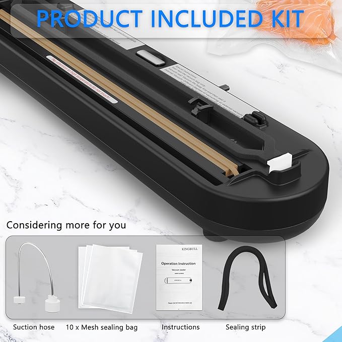 Kingbull Vacuum Sealer Machine, Dry & Moist Food Sealer with Built-in Cutter, Sous Vide & Food Storage, 10 Vacuum Seal Bags & 1 Air Suction Hose, Black