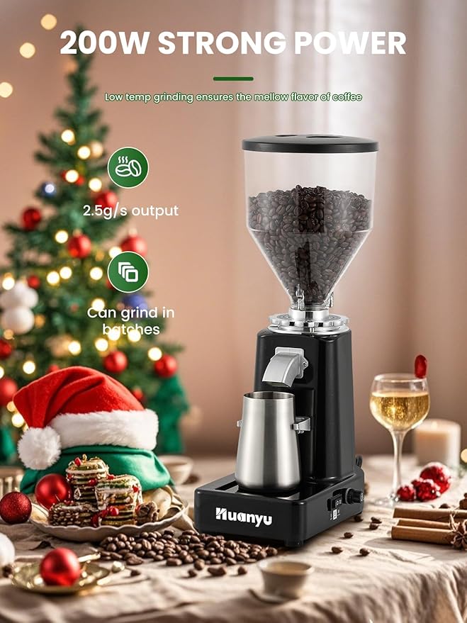 Huanyu Burr Coffee Grinder- Stainless Steel Flat Burr, 19 Precise Grind Settings, 35oz Capacity and Dual Dosing for Espresso, Hand Punch, French Press Black