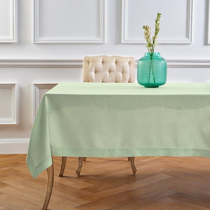 Solino Home Linen Tablecloth for Rectangle Tables 60 x 90 Inch - Classic Hemstitch 100% Pure Linen Light Green Table Cloth - Machine Washable Cloth Tablecloth for Summer