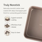Nonstick 9x9 Baking Pan | PFOA & BPA Free Non Toxic 9 x 9 Inch Cake & Brownie Pan | Best Nontoxic Square 9x9 inches Pans for Baking | Non Stick Carbon Steel Gold Baking Ware