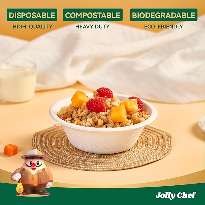 JOLLY CHEF Compostable Disposable Paper Bowl [12 oz] Heavy Duty Soup Containers [150 Pack] Biodegradable Bagasse Hot Cold Food Eco-Friendly Sugarcane Microwavable Bowls for Salad Dessert Milk Cereals