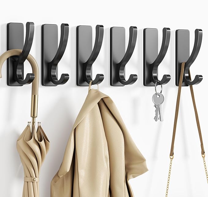 Adhesive Wall Hooks for Towels Coats - Stick On Hooks Hanging Heavy Duty (13lb), Metal Hook for Door, Bathroom, Dorm, Closet - Hanger for Purse, Bag, Robe,Backpack - No Damage to Wall - Black 6 Pack