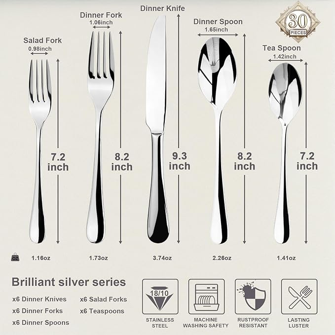 Silverware Set, 30-Piece Flatware Cutlery Set Service for 6, Modern Heavy Duty Design, 18/10 Stainless Steel Utensils, Dishwasher Safe