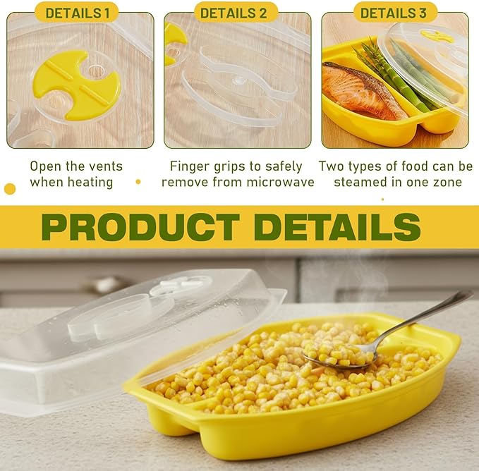 2 Pcs Microwave Corn Steamer with Lid for Frozen Corn Broccolini Vegetables on The Cob, Fast & Easy, 2 Pcs at Once, Vented Lid, Dishwasher Safe, Microwave Dishes Steamer Kitchen Tool (Yellow)