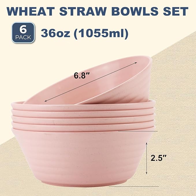 Wheat Straw Bowl Sets,6 PCS Unbreakable Cereal Bowl 36 OZ,Microwave and Dishwasher Safe Bowls,Kitchen Bowls BPA Free for Serving Soup,Oatmeal and Salad （Sakura）