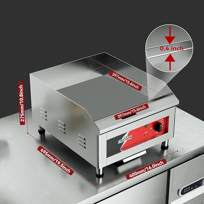 CROSSON 16"*16" Electric Chrome Plated Griddle,Commercial Countertop Flat Top Griddles with Non-Stick 2/5" Thick Iron Cooking Plate for Restaurant and home use-120V/1750W,Spatula Included