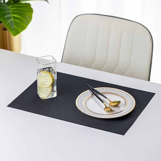 LEXMORE Placemats Set of 8 Vinyl/Plastic Woven Place Mats for Kitchen Table Indoor/Outdoor Washable Placemat Wipeable Dining Table Mats(Black)