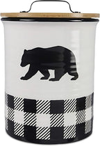 Young's Ceramic Treat Jar with Airtight Lid, Black and White Buffalo Plaid Bear Dog Treat Container, Decorative Cat Food Storage Canister