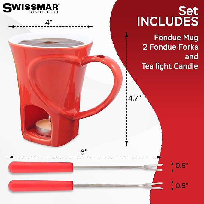 Swissmar 4-Piece Sweetheart Chocolate Fondue Mug Set – Mini Fondue Set for Keeping Chocolate, Caramel, Cheese, & More Warm – Ideal Gift for Weddings & Desserts