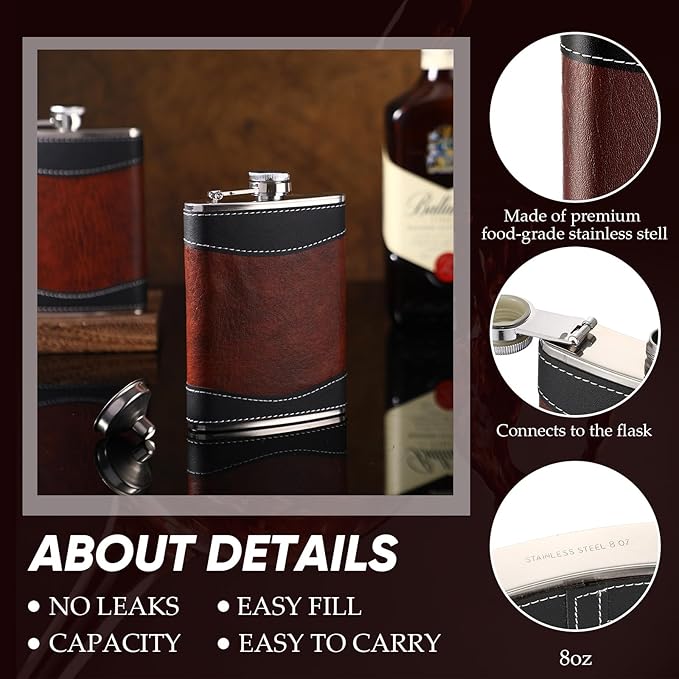 Rtteri 30 Set 8 oz Leather Hip Flasks for Liquor for Men Leak Proof Stainless Steel Drinking Flasks with Funnel Soft Wrap Whiskey Vessels for Wedding Bridesmaid Christmas Gifts (Brown)