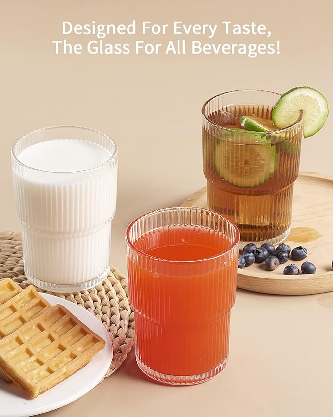 Ribbed Glassesware 14 Oz Ripple Drinking Glasses Iced Coffee Glasses Glass Cup Set Of 6 Vintage Drinking Glasses Water Glasses Fluted Glassware Cocktail Glass Cute Glass Cups