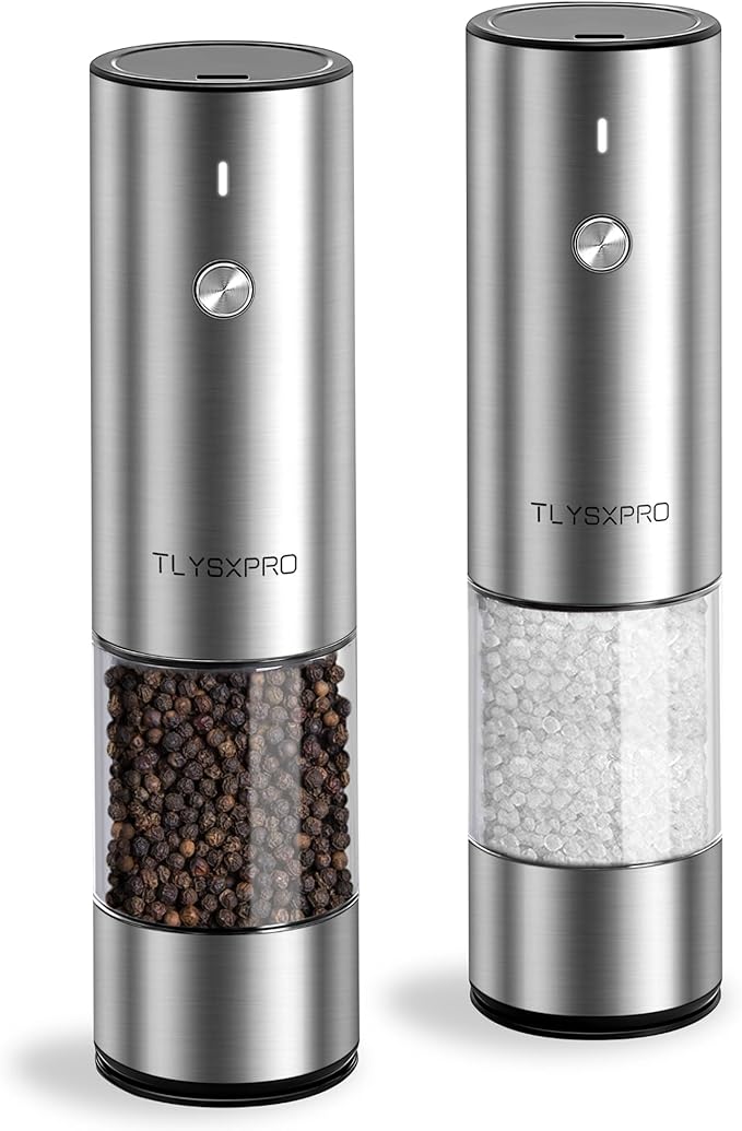Electric Salt and Pepper Grinder Set, USB Rechargeable, Stainless Steel Automatic Salt and Pepper Mill Grinder with Adjustable Coarseness, Electric Salt Shakers, LED Light, Refillable (2 Packs)