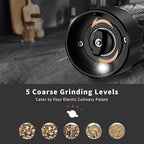 Electric Salt and Pepper Grinder Set with Base Rechargeable with LED lights, Automatic Salt and Pepper Mill Set Refillable with 5 Adjustable Coarseness Black & White