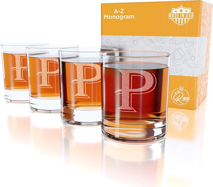 On The Rox Drinks (P-Monogram)- 4 Piece Set of 11 Ounce Engraved Heavy Base Rocks Glasses Elegant Glass-Multi-Purpose Beverage-Rocks Glass- Gift for any Occasion