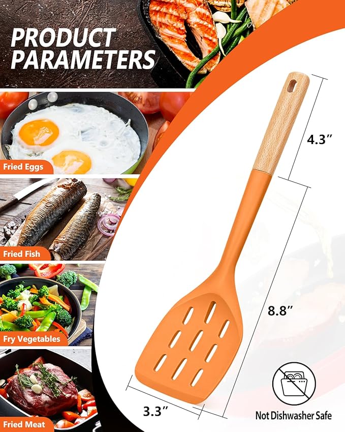 Pack of 2 Silicone Spatula, Non Stick Cooking Utensil Set, Wooden Handle Kitchen Turner for Baking Mixing Grilling Serving Food Heat Resistant (ORANGE)