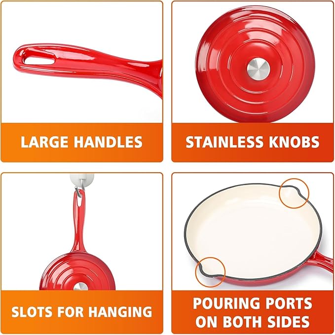 Hisencn Enameled Cast Iron Cookware Set - 7 Piece Dutch Ovens Set, Sauce Pan, Skillet, 3 Lids, Pots and Pans Set, Ceramic Coated Cast Iron, Heavy Duty, Gas/Induction Compatible, PFA Free, Rouge Red