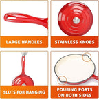 Hisencn Enameled Cast Iron Cookware Set - 7 Piece Dutch Ovens Set, Sauce Pan, Skillet, 3 Lids, Pots and Pans Set, Ceramic Coated Cast Iron, Heavy Duty, Gas/Induction Compatible, PFA Free, Rouge Red