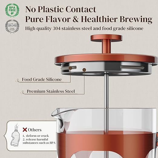 Veken French Press Coffee Maker 34oz 1 L, Heat Resistant Thickened Borosilicate Glass, No Plastic Touching Cafe, Stainless Steel Brewer, Cold Brew Cafetera Teapot for Kitchen Travel Camping, Copper