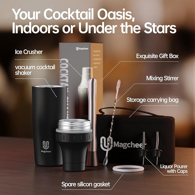 Hybrid Cocktail Shaker Set | Vacuum Insulated Stainless Steel Martini Shaker with Strainer & Jigger Lid | Travel cocktail kit with Bartender Accessory Tools | 30oz | Black