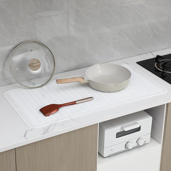 Silicone Dish Drying Mat for Multiple Usage,Easy clean,Eco-friendly,Heat-resistant Silicone Mat for Kitchen Counter or Sink,Refrigerator or Drawer Liner White 5XL 36inches x 18inches