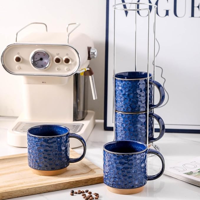 Nihow Ceramic Coffee Mug Set of 4, 16OZ Stackable Coffee Mug Set with Stainless Stand,Large Cup Set for Cappuccino,Tea,Hot/Cold Drinks,Dishwasher & Microwave Safe,Vivid Blue