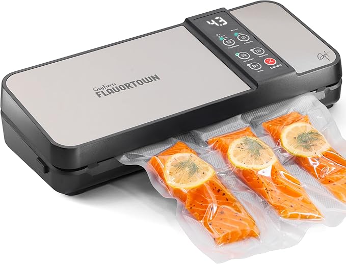 Guy Fieri's Flavortown Compact Vacuum Sealer with Built-In Roll Storage and Dry & Moist Modes - Includes Starter Kit (5) Quart Size Bags, 10ft Roll, and Accessory Hose for Containers and Bottles
