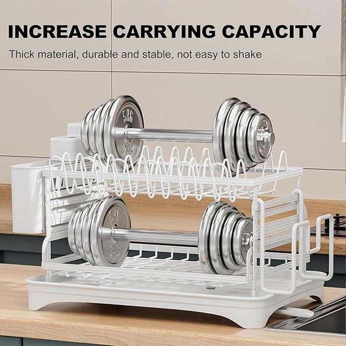 Kitchen Dish Drying Rack, Large 2-Tier Dish Drying Rack with Draining Board, Kitchen Countertop Organizer, Multi-Use Utensil Organizer and Cup Holder, White