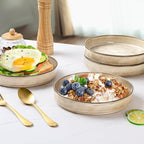 E-far Pasta Bowls Set of 4, 30oz Shallow Salad Bowls for Dinner Serving, 8.25" Stoneware Ceramic Bowl Plates for Noodle Soup, Microwave & Dishwasher Safe, Reactive Glaze, Khaki