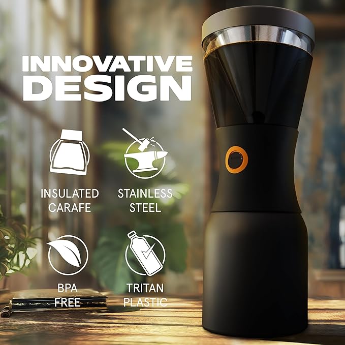 asobu Cold Brew Coffee Maker, Award-Winning 40oz Insulated Cold Brew Brewer with Portable Stainless Steel Carafe – No.1 Europe Coffee Fest Winner, Leakproof, BPA-Free, Keeps Cold 24H