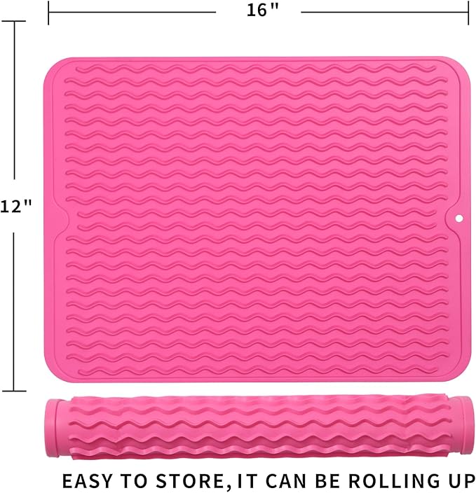 Silicone Dish Drying Mat for Multiple Usage,Easy clean,Eco-friendly,Heat-resistant Silicone Mat for Kitchen Counter or Sink,Refrigerator or drawer liner Rose L 16 inches x 12 inches