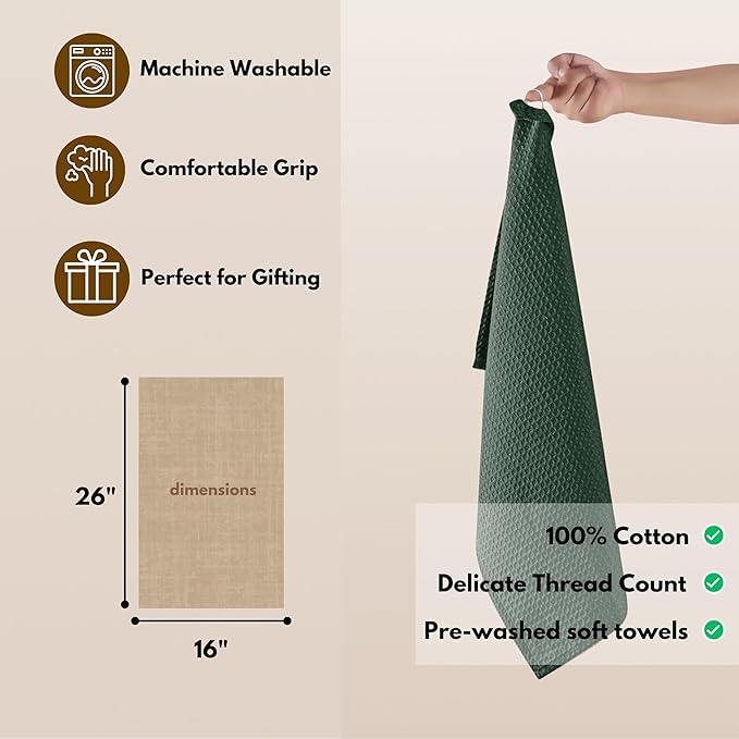 Native Fab Waffle Weave Dish Towels 12 Pack, 100% Cotton Kitchen Dishcloths with Hanging Loop, 16x26 Inches, Super Absorbent, Washable, Quick Dry for Kitchen Cleaning, Drying Dishes, Forest Green