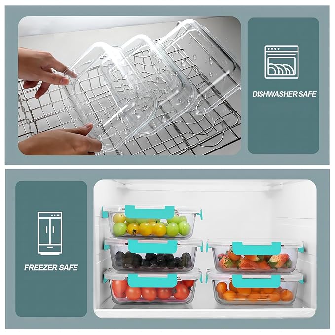 30 oz 5 Pack Glass Meal Prep Containers, Glass Storage Containers with Lids - Dishwahser, Microwave, Oven and Freezer Safe, Green