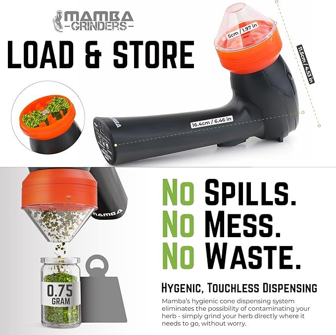 Mamba Lite 0.75g Orange All Plastic Head USB Electric Herb Grinder. Small Portable Herbal Machine & Spice Mill for the Kitchen