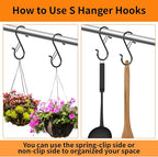 12 PCS S Hooks for Hanging with Safety Buckle, 3.5 inch Heavy Duty Metal S Shaped Hooks for Kitchen Utensil, Cups, Pots, Plants, Bags, Hats (Black)