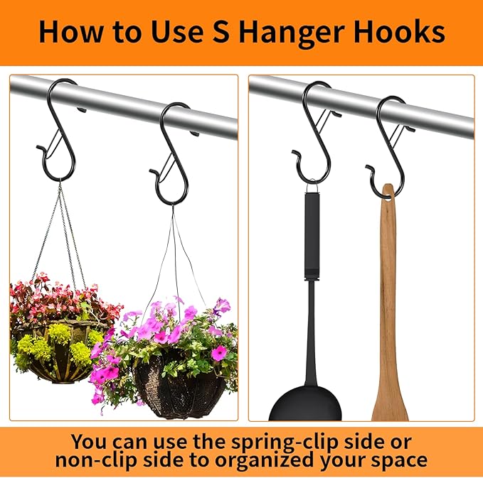 12 PCS S Hooks for Hanging with Safety Buckle, 3.5 inch Heavy Duty Metal S Shaped Hooks for Kitchen Utensil, Cups, Pots, Plants, Bags, Hats (Black)